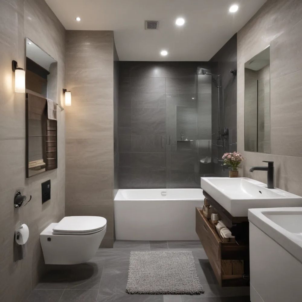 Ph&ograve;ng tắm tối giản tone x&aacute;m kết hợp &aacute;nh s&aacute;ng v&agrave;ng ấm &aacute;p từ đ&egrave;n gắn tường