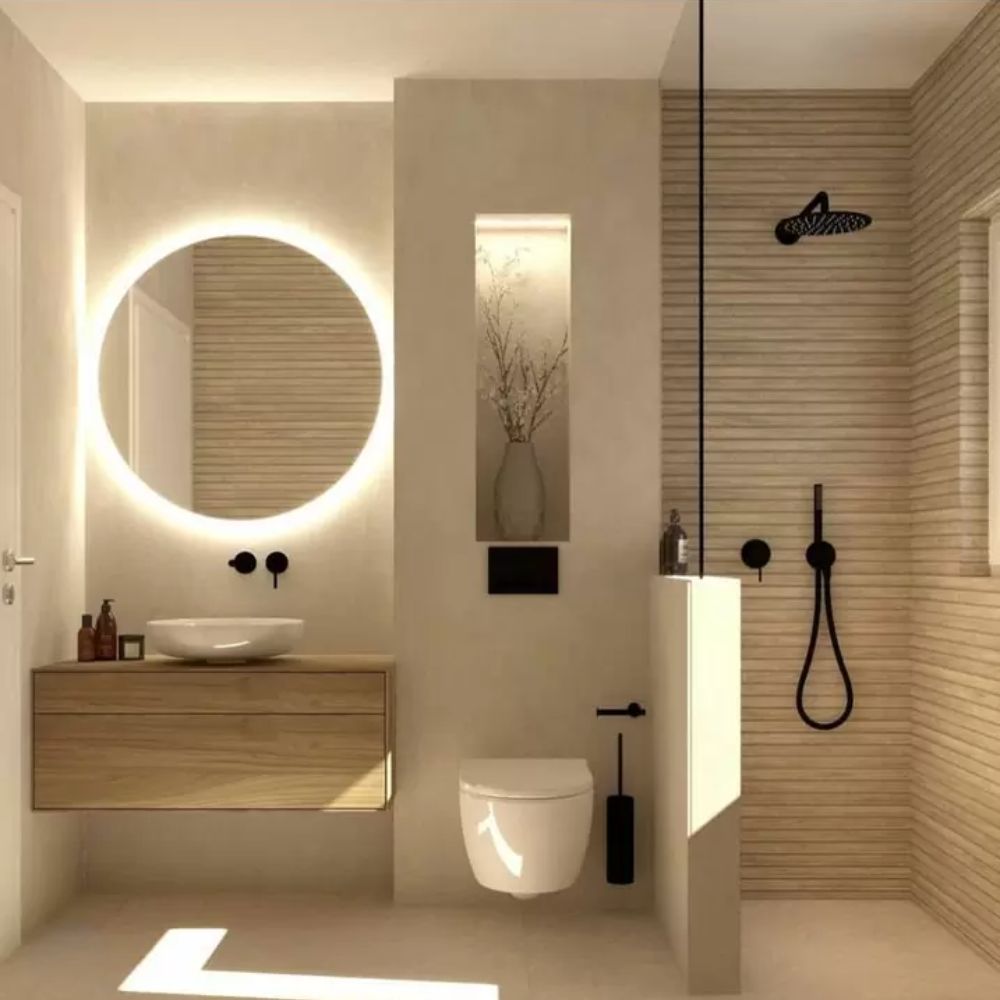 Ph&ograve;ng tắm tối giản đầy đủ tiện nghi mang đến trải nghiệm tắm hiện đại, thư gi&atilde;