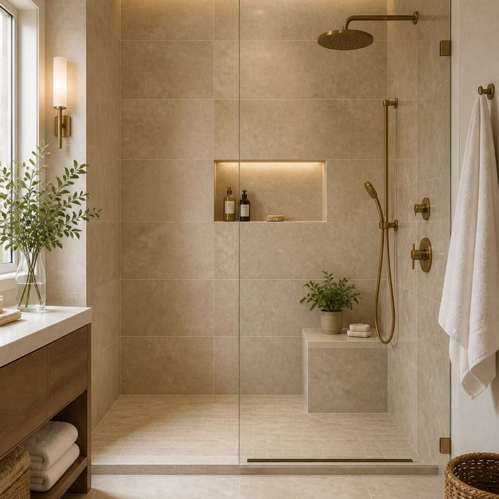 Tạo điểm nhấn cho ph&ograve;ng tắm tối giản với chậu c&acirc;y xanh nhỏ