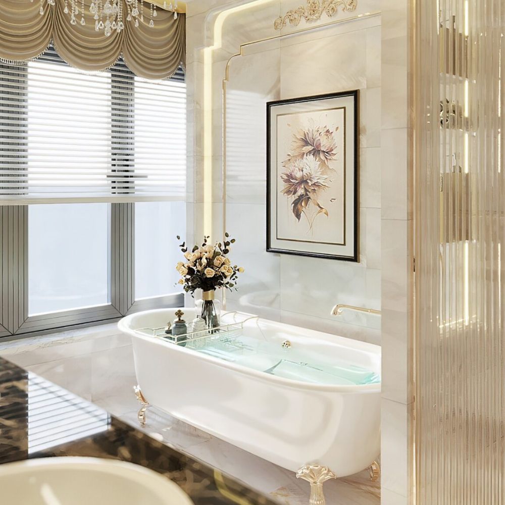 Đ&egrave;n ch&ugrave;m cũng l&agrave; một thiết bị thường xuất hiện trong c&aacute;c ph&ograve;ng tắm t&acirc;n cổ điển