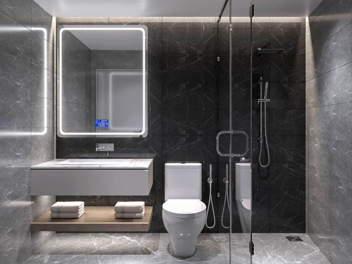 Nh&agrave; tắm t&acirc;n cổ điển kết hợp &aacute;nh s&aacute;ng nhẹ từ gương đ&egrave;n Led