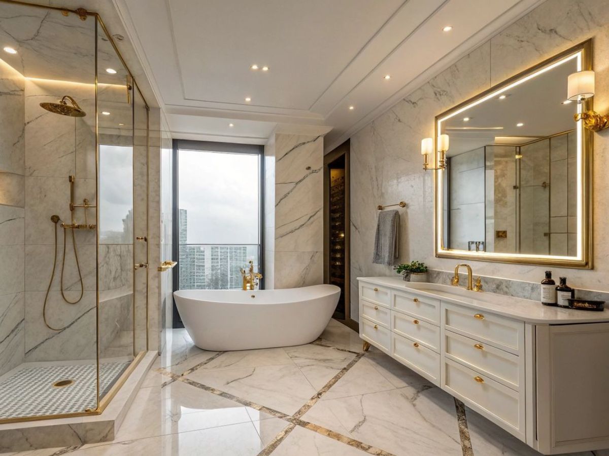 Sử dụng c&aacute;c thiết bị sang trọng c&oacute; họa tiết đặc trưng để tạo điểm nhấn cho ph&ograve;ng tắm t&acirc;n cổ điển