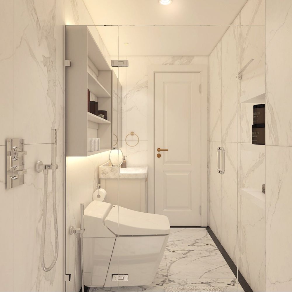 Thiết kế ph&ograve;ng tắm t&acirc;n cổ điển với t&ocirc;ng trắng dịu mắt, sang trọng