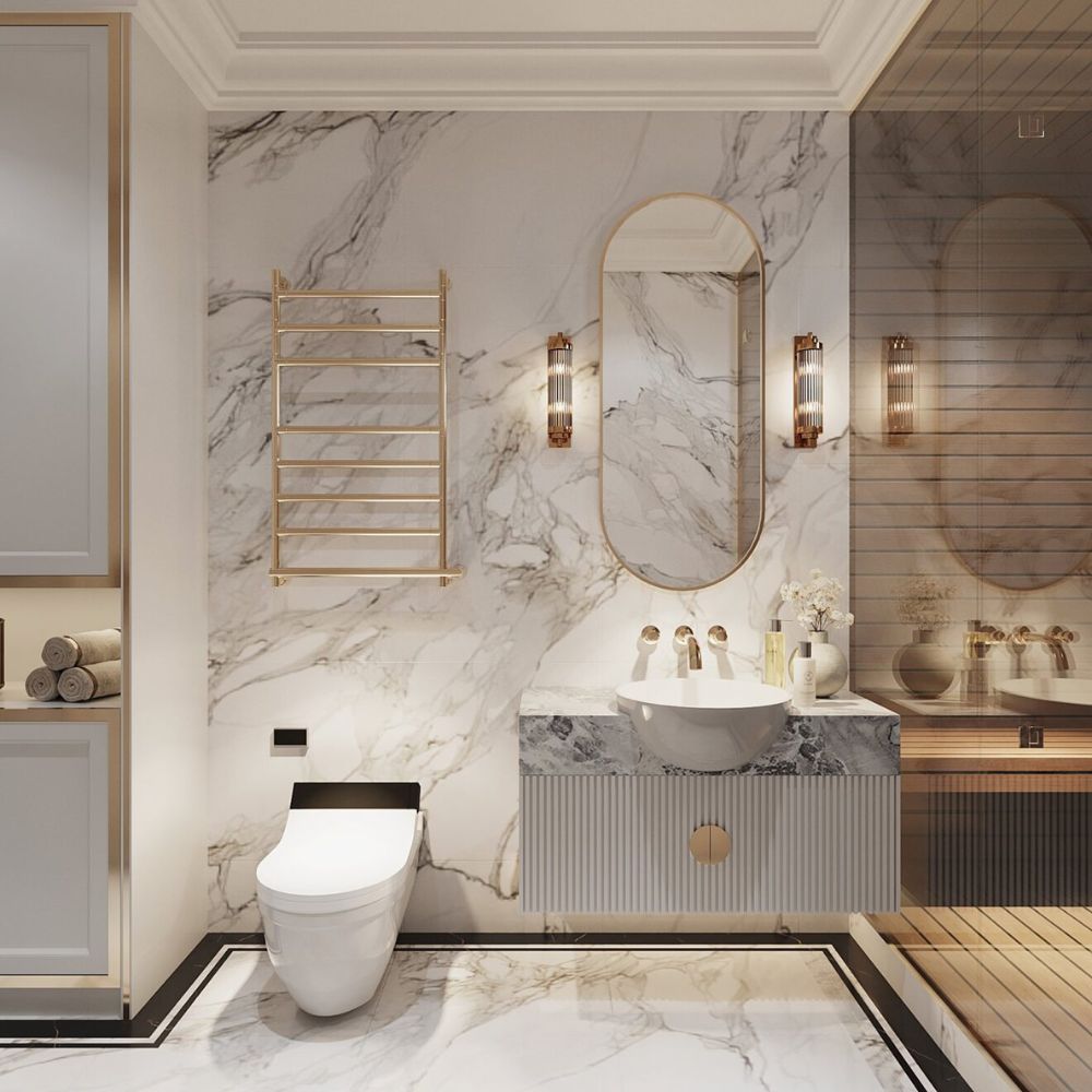 Ph&ograve;ng tắm t&acirc;n cổ điển sử dụng gạch v&acirc;n đ&aacute; l&aacute;t s&agrave;n v&agrave; tường tăng th&ecirc;m phần sang trọng