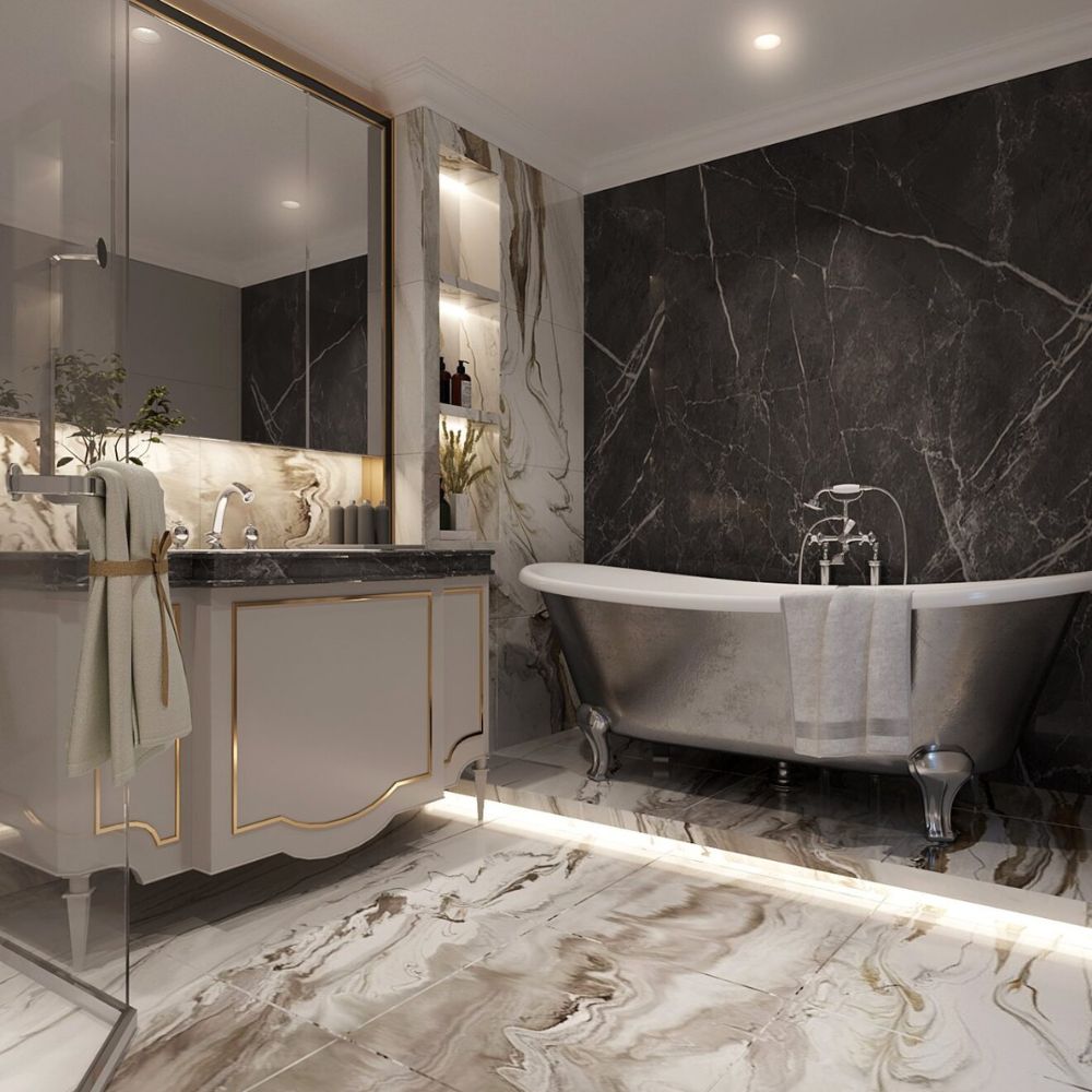 Ph&ograve;ng tắm nổi bật với thiết kế đậm chất t&acirc;n cổ điển, kết hợp ho&agrave;n hảo giữa đ&aacute; cẩm thạch v&agrave; kim loại mạ bạc