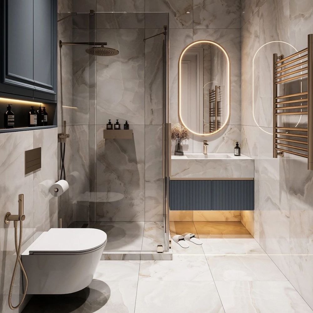 Mẫu thiết kế ph&ograve;ng tắm t&acirc;n cổ điển sử dụng bồn cầu treo tường tiết kiệm kh&ocirc;ng gian