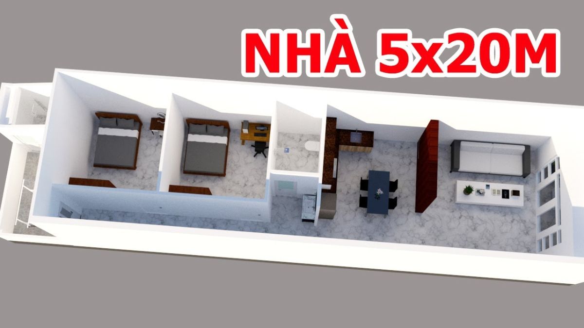 Bản vẽ bố tr&iacute; nh&agrave; ống 1 tầng 5x20 2 ph&ograve;ng ngủ