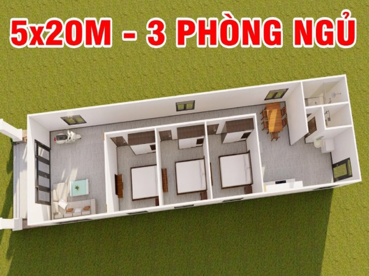 Bản vẽ bố tr&iacute; nh&agrave; ống 5x20 3 ph&ograve;ng ngủ
