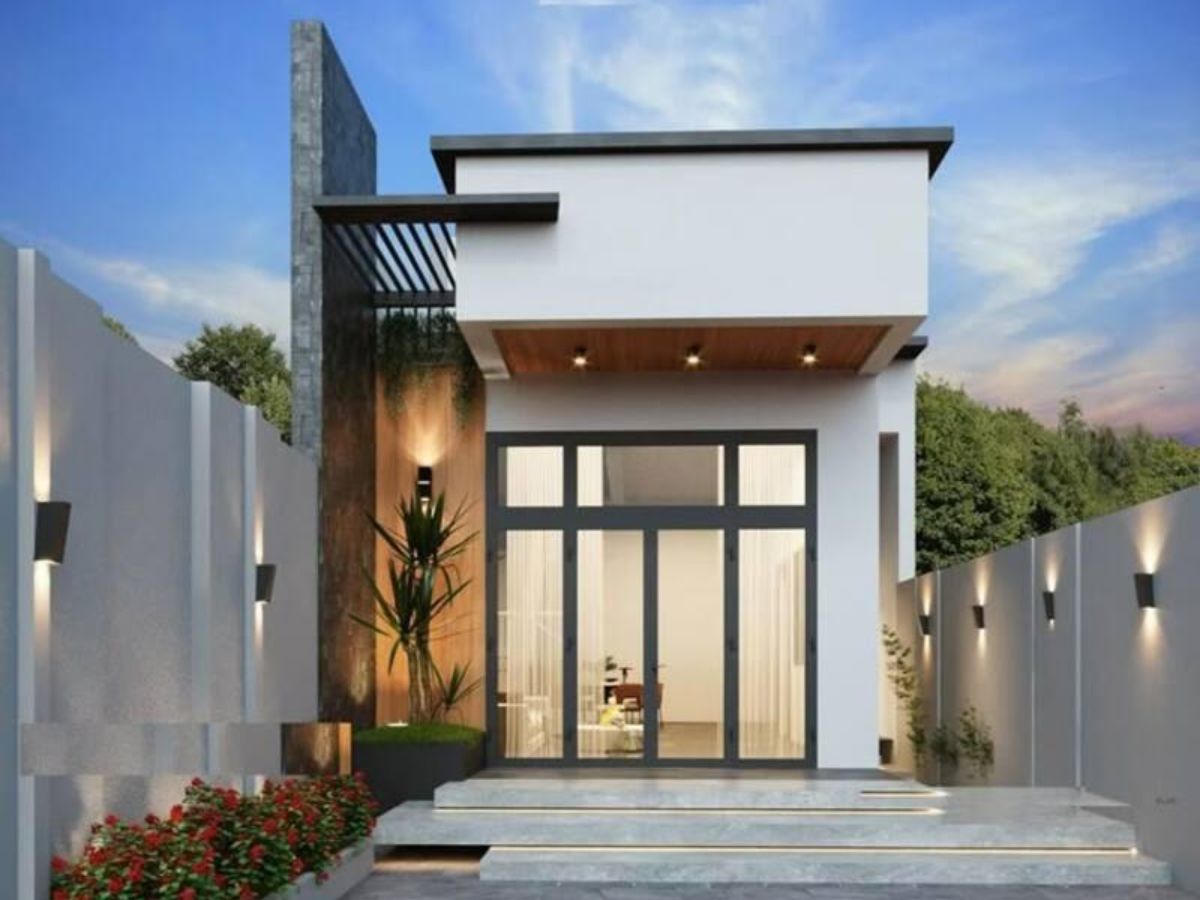 Thiết kế nh&agrave; ống 1 tầng 5x20 hiện đại c&oacute; cửa k&iacute;nh lớn v&agrave; c&acirc;y xanh trước nh&agrave;