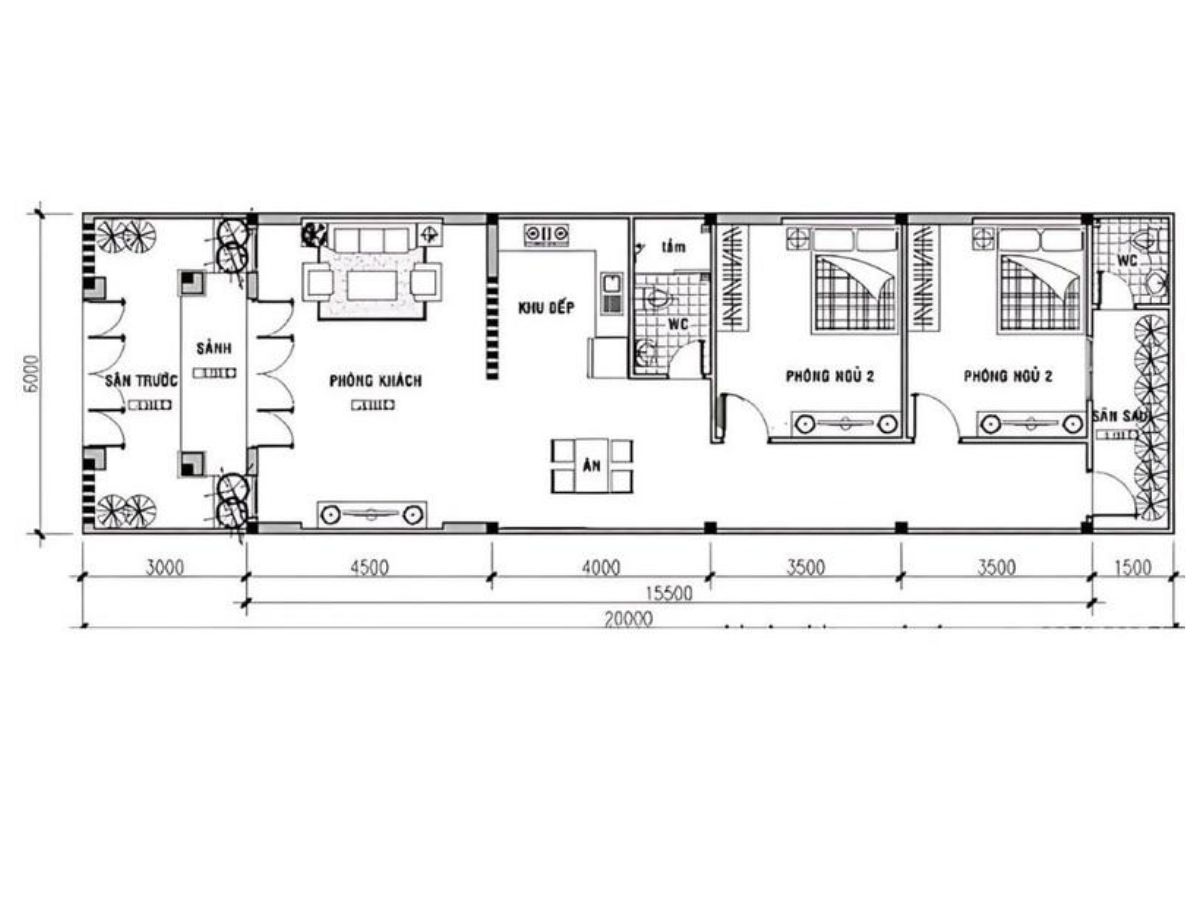 Mẫu bản vẽ thiết kế nh&agrave; ống 1 tầng đẹp 5x20m với đầy đủ c&aacute;c ph&ograve;ng chức năng, được xếp theo thứ tự ph&ograve;ng kh&aacute;ch - ph&ograve;ng bếp - ph&ograve;ng ngủ theo thứ tự từ trước ra sau