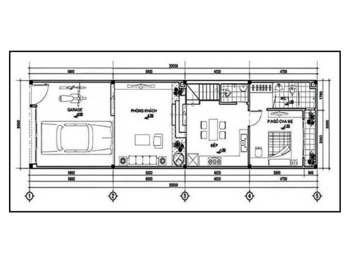 Bản vẽ mẫu nh&agrave; ống 1 tầng đẹp 5x20m c&oacute; b&atilde;i đậu xe