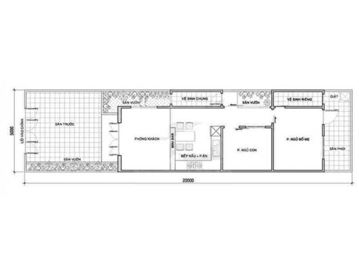 Bản vẽ nh&agrave; ống 1 tầng đẹp 5x20m với khoảng s&acirc;n trước tho&aacute;ng đ&atilde;ng