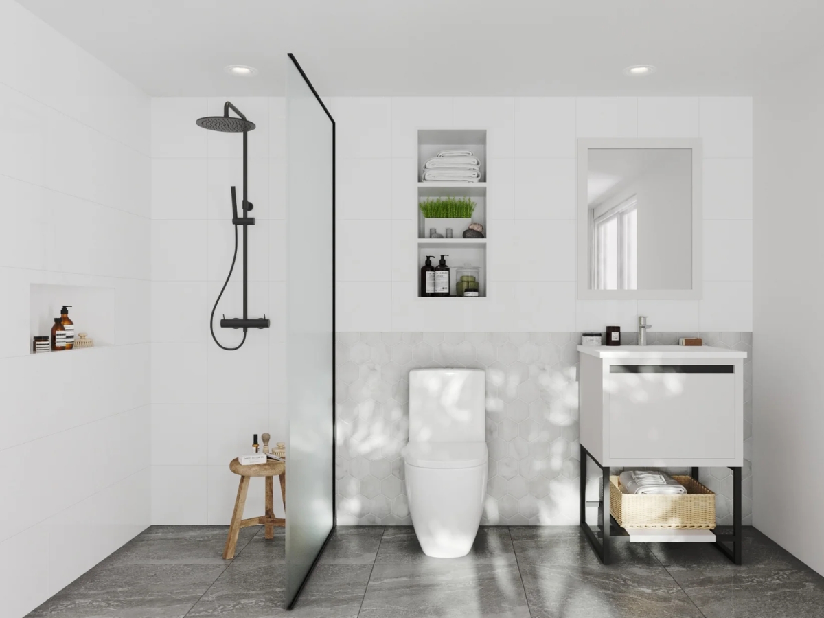 Thiết kế nhà vệ sinh và nhà tắm riêng hiện đại với gam màu trắng chủ đạo