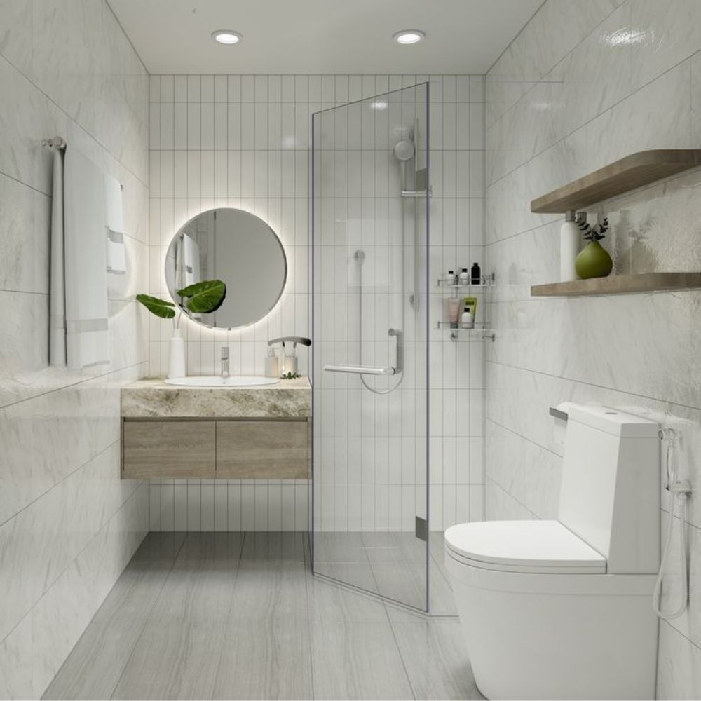 Sử dụng v&aacute;ch ngăn k&iacute;nh để ph&acirc;n t&aacute;ch r&otilde; r&agrave;ng khu vực nh&agrave; vệ sinh v&agrave; ph&ograve;ng tắm