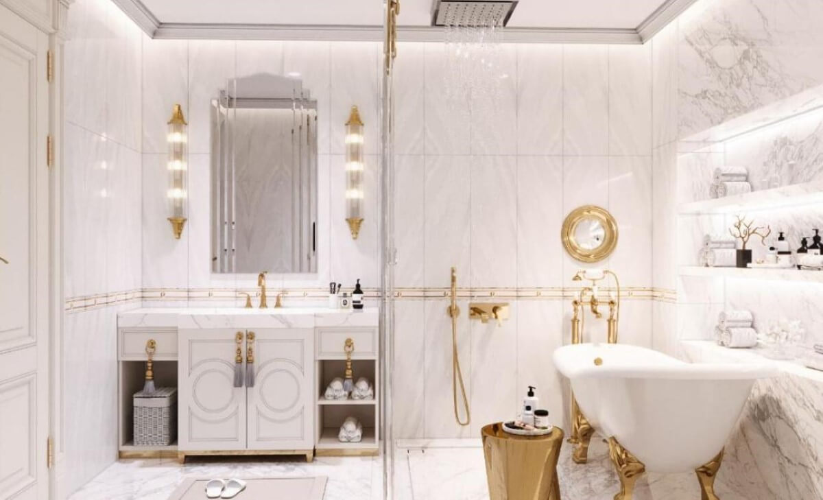 Màu vàng có thể được áp dụng để tăng sự sang trọng cho nhà tắm tân cổ điển