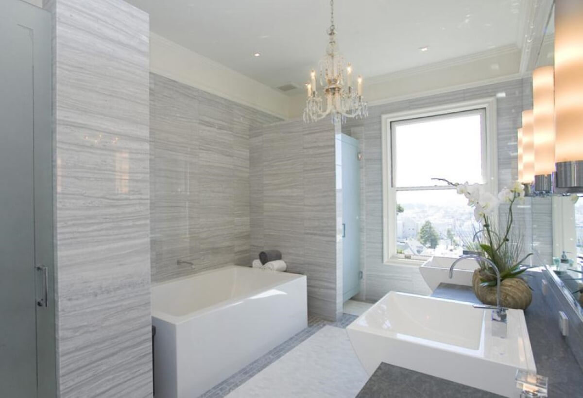 Thiết kế phòng tắm tân cổ điển sử dụng các tông màu dịu mắt, sang trọng