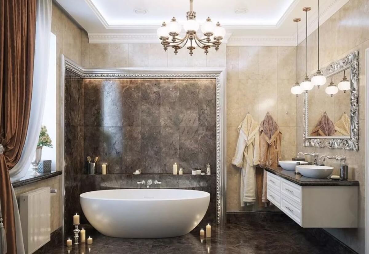 Đèn chùm và gạch lát đá tạo không khí phương Tây cho nhà tắm