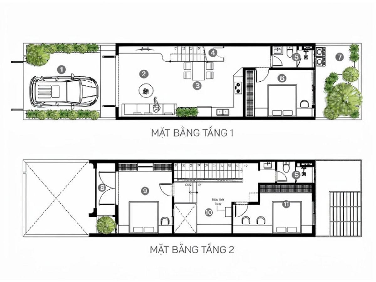 Bản vẽ nh&agrave; phố 2 tầng 5x15 c&oacute; s&acirc;n trước để xe &ocirc; t&ocirc;
