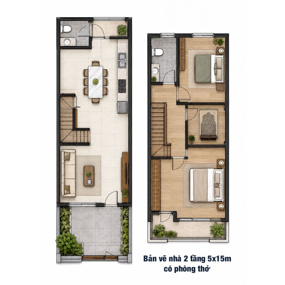 Bản vẽ bố tr&iacute; nh&agrave; phố 2 tầng 5x15 c&oacute; ph&ograve;ng thờ
