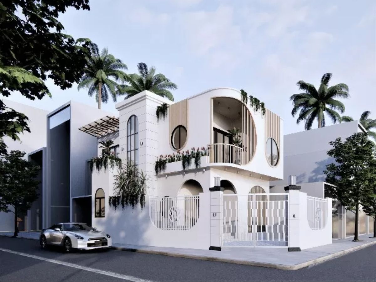 Mẫu nh&agrave; phố 5x15 2 tầng 2 mặt tiền c&oacute; nhiều cửa sổ với phần mặt tiền c&oacute; m&agrave;u trắng chủ đạo