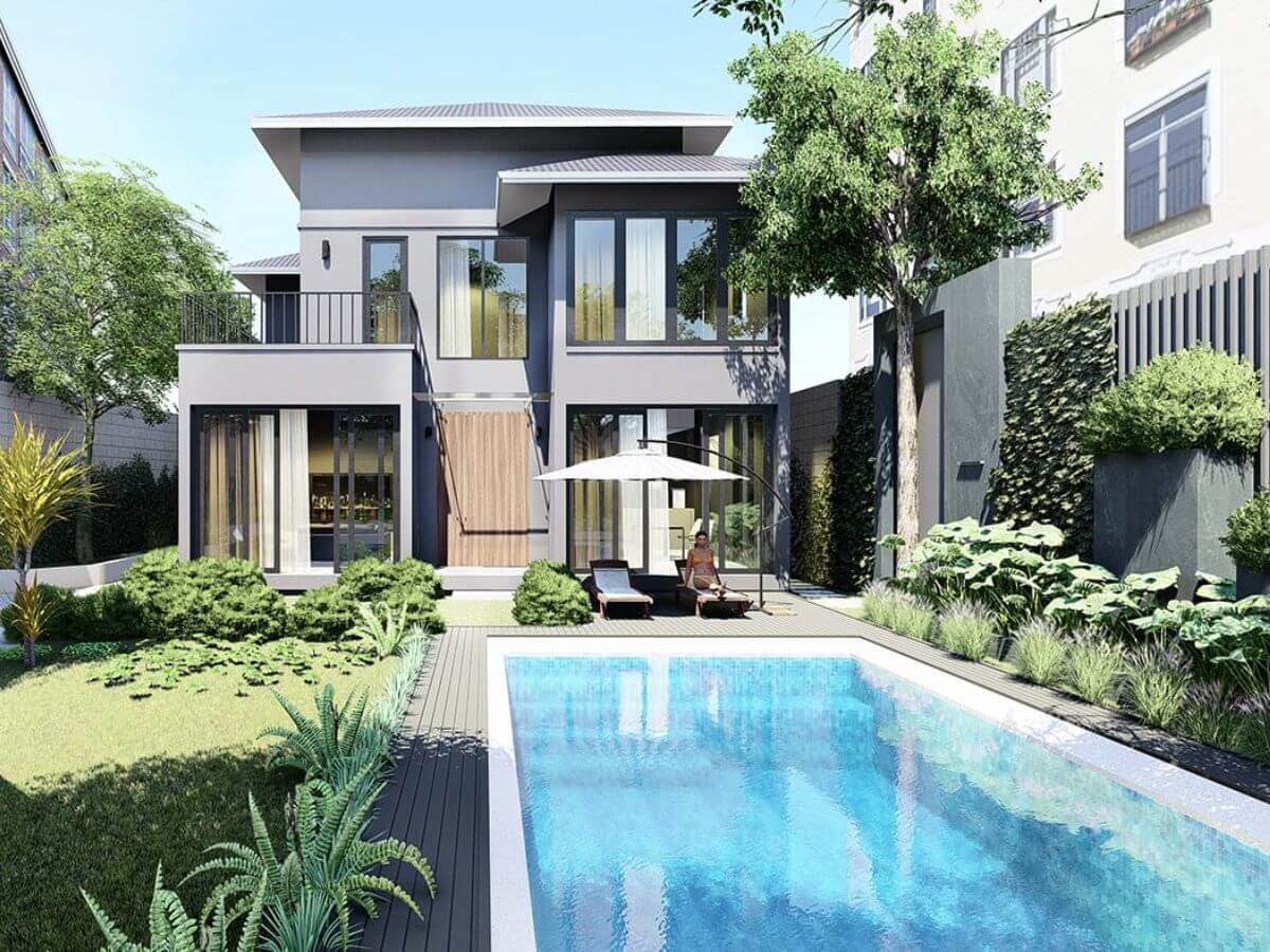 Mẫu thiết kế nh&agrave; vườn đẹp c&oacute; hồ bơi 2