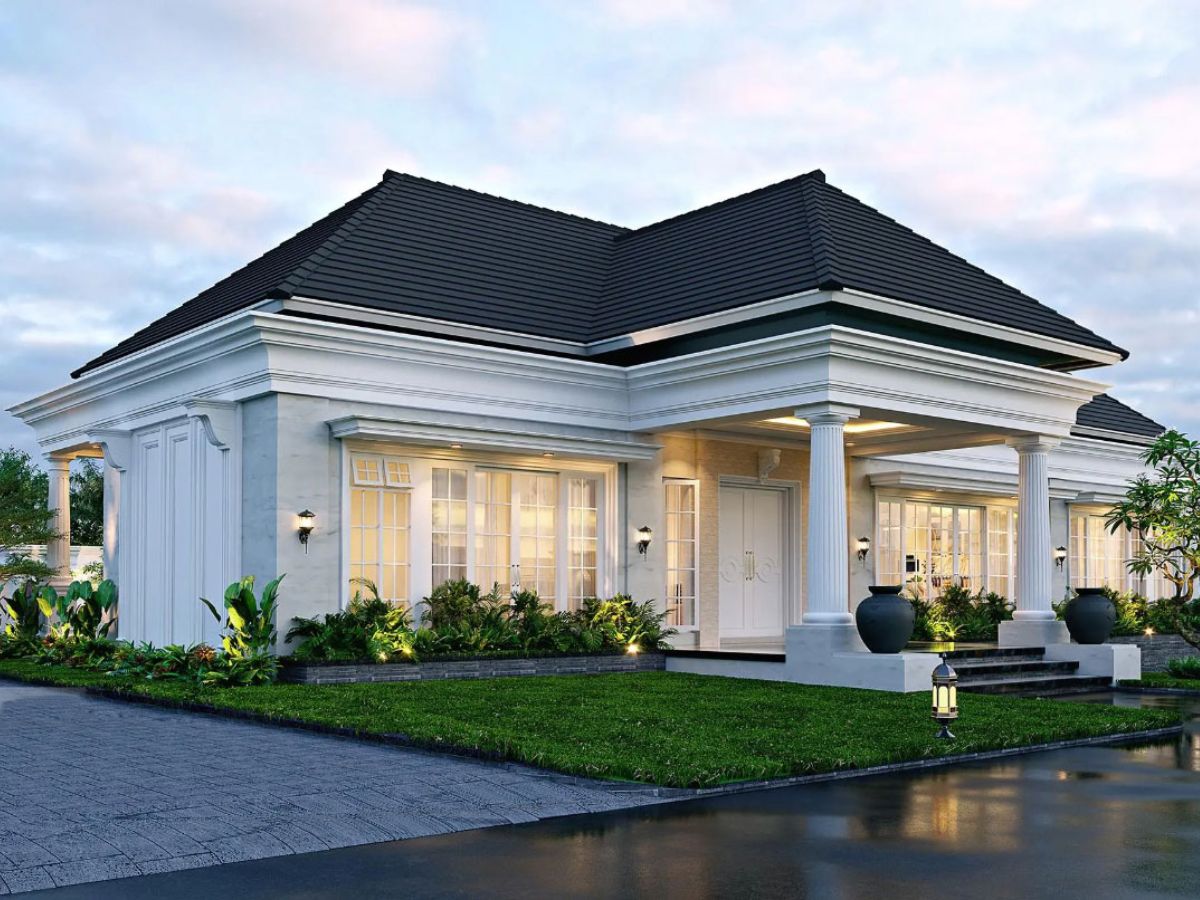 Cột nh&agrave; tr&ograve;n tinh tế trước hi&ecirc;n nh&agrave; của biệt thự t&acirc;n cổ điển