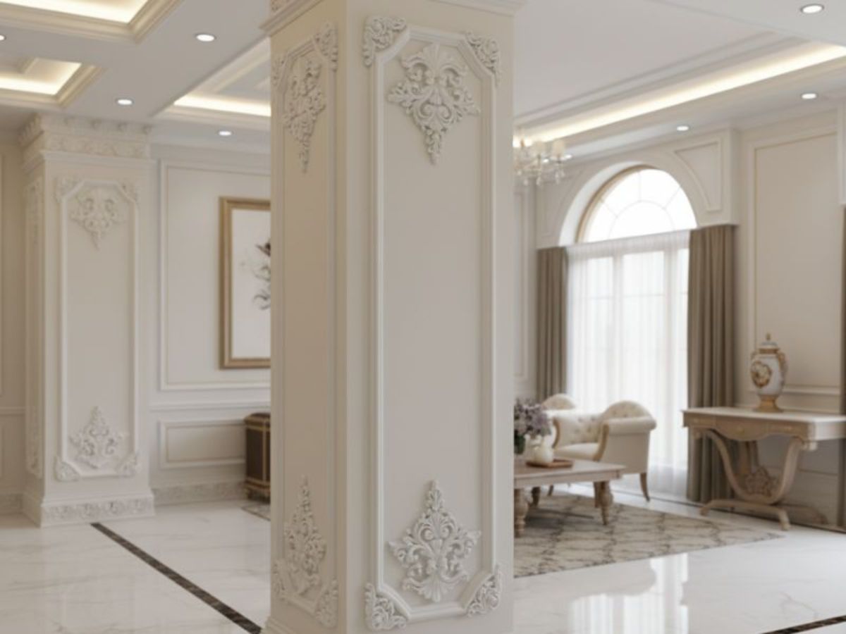Cột nh&agrave; vu&ocirc;ng được trang tr&iacute; bằng đường ph&agrave;o chỉ