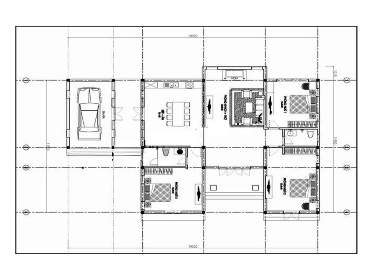 Bản vẽ thiết kế nh&agrave; chữ U c&oacute; gara &ocirc; t&ocirc;