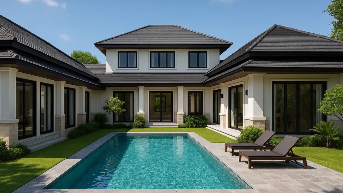 Nh&agrave; chữ U c&oacute; hồ bơi kết hợp c&acirc;y xanh xung quanh v&agrave; ghế ngồi nghỉ thư gi&atilde;n