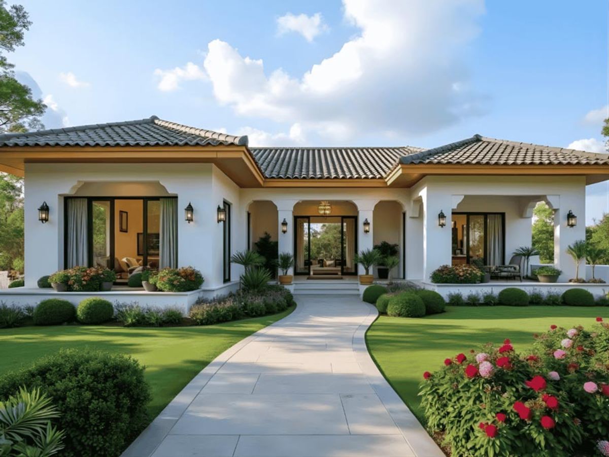 Mẫu nh&agrave; chữ U cấp 4 c&oacute; khoảng s&acirc;n vườn thư gi&atilde;n gi&uacute;p kết nối với thi&ecirc;n nhi&ecirc;n