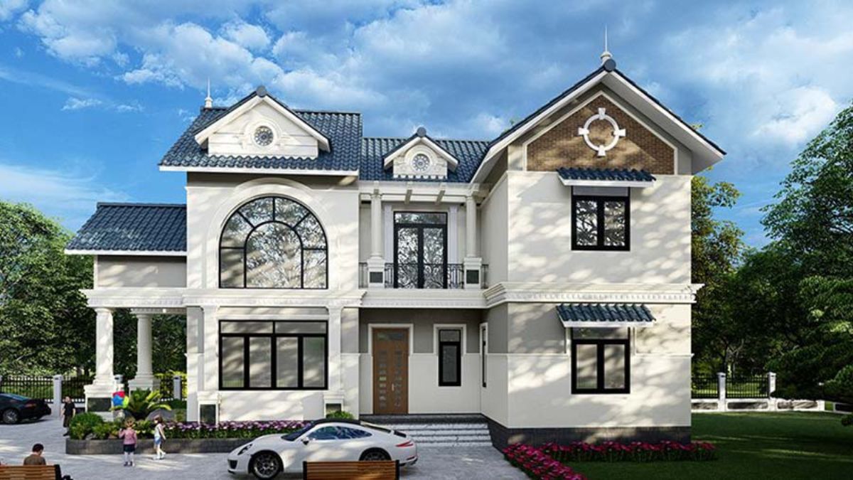 Thiết kế nh&agrave; chữ U m&aacute;i Th&aacute;i m&agrave;u xanh đậm kết hợp c&ugrave;ng tường s&aacute;ng m&agrave;u v&agrave; hệ cửa k&iacute;nh hiện đại