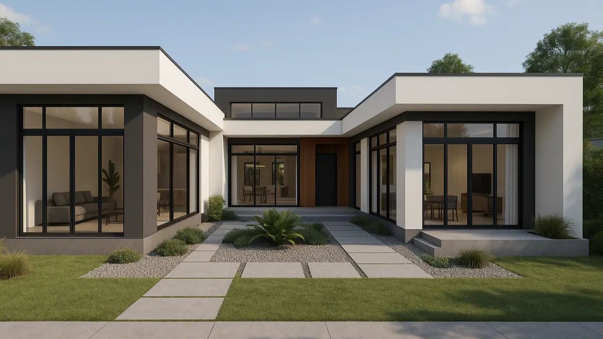 Nh&agrave; chữ U m&aacute;i bằng kết hợp h&agrave;i h&ograve;a c&aacute;c vật liệu hiện đại như k&iacute;nh, b&ecirc; t&ocirc;ng