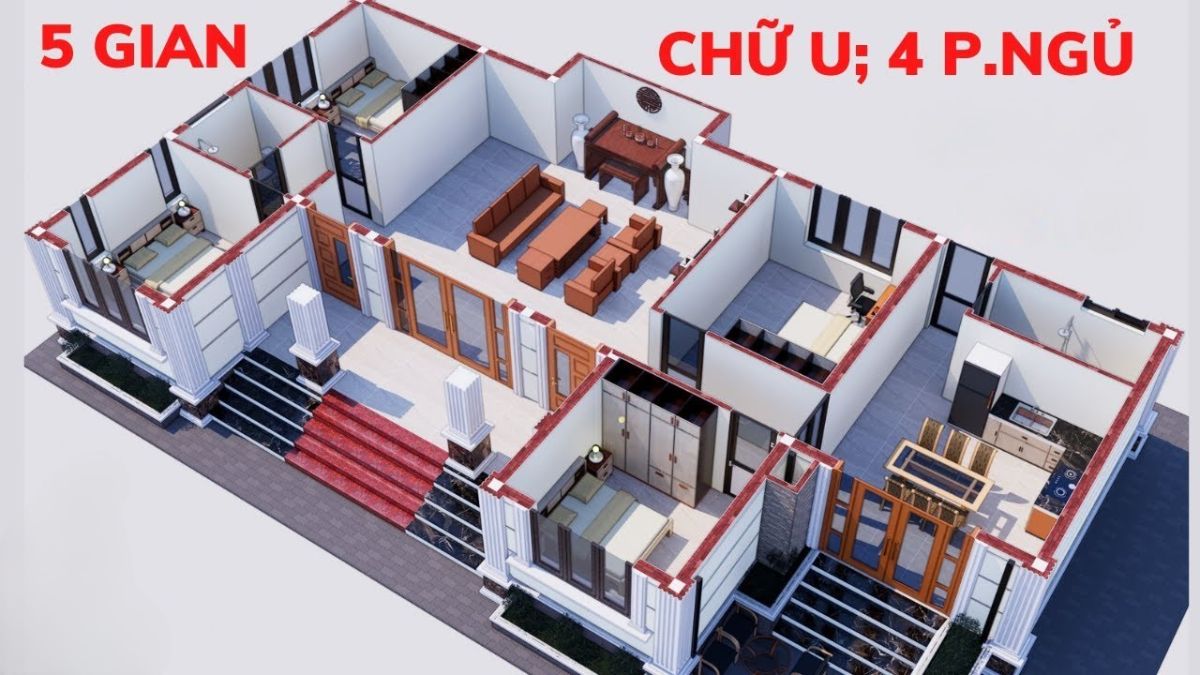 Bản vẽ mặt bằng nh&agrave; chữ U c&oacute; bố cục được ph&acirc;n chia khoa học, thuận tiện khi di chuyển v&agrave; sinh hoạt h&agrave;ng ng&agrave;y