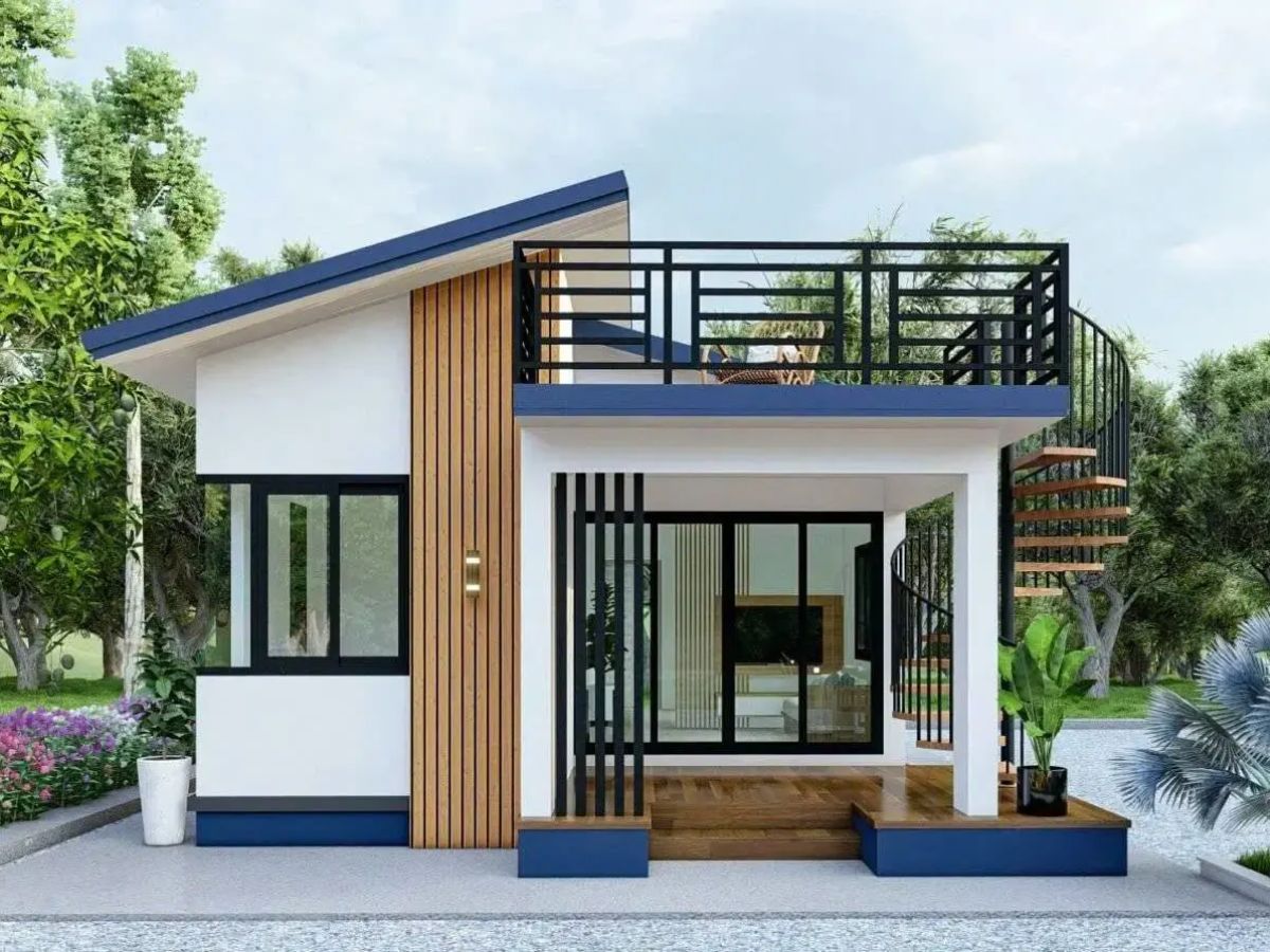 Sự phối hợp giữa c&aacute;c gam m&agrave;u trung t&iacute;nh tạo ra tổng thể đẹp mắt cho nh&agrave; tiền chế n&ocirc;ng th&ocirc;n nhỏ đẹp