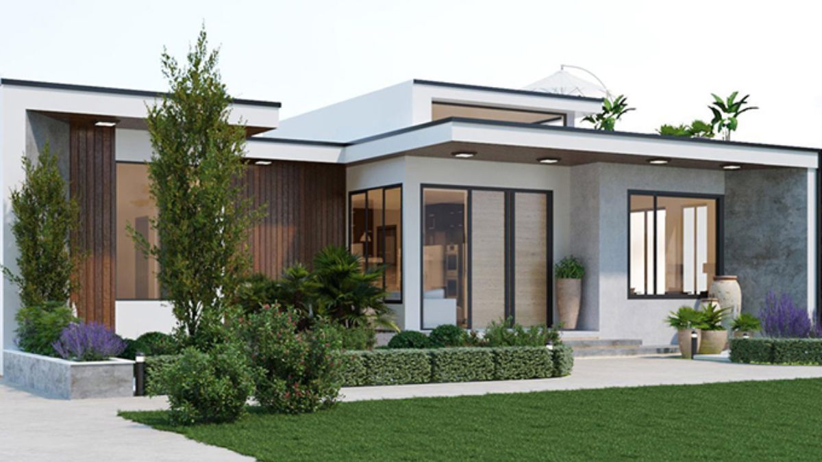 Thiết kế nh&agrave; tiền chế n&ocirc;ng th&ocirc;n hiện đại với cửa k&iacute;nh lớn v&agrave; lam trang tr&iacute; gỗ đẹp mắt