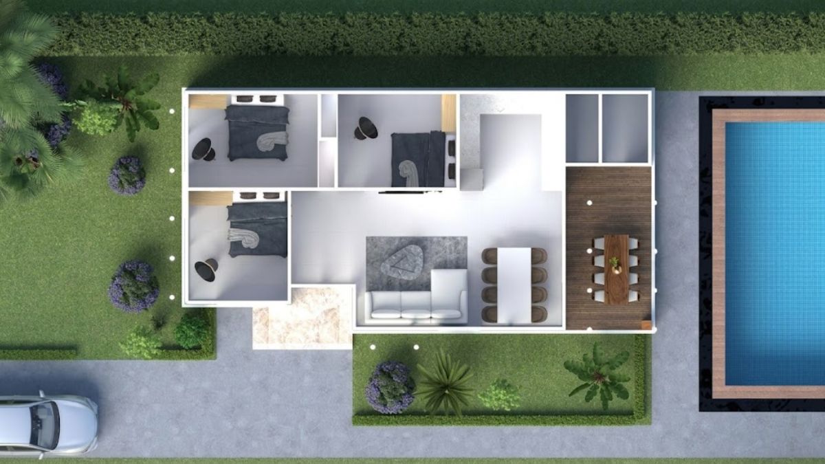 Bản vẽ gợi &yacute; bố tr&iacute; c&ocirc;ng năng cho nh&agrave; tiền chế n&ocirc;ng th&ocirc;n cấp 4