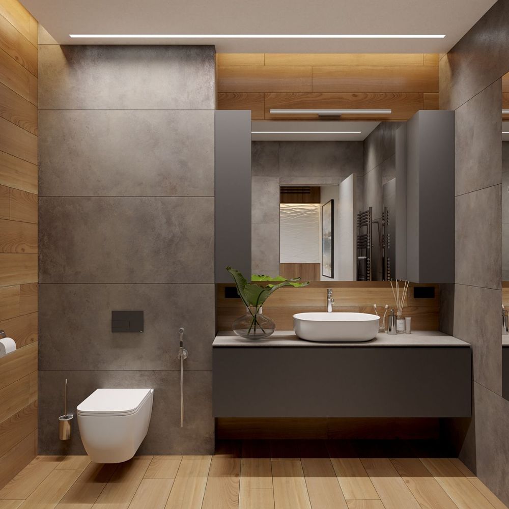 Mẫu toilet tone x&aacute;m thanh lịch với bồn cầu treo tường d&aacute;ng vu&ocirc;ng bo cong gọn g&agrave;ng
