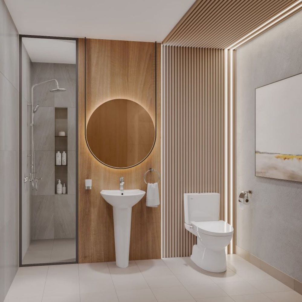 Bồn cầu 2 khối, lavabo treo tường ch&acirc;n d&agrave;i sẽ l&agrave; lựa chọn hợp vibe toilet hiện đại, gọn g&agrave;ng v&agrave; đủ tiện nghi