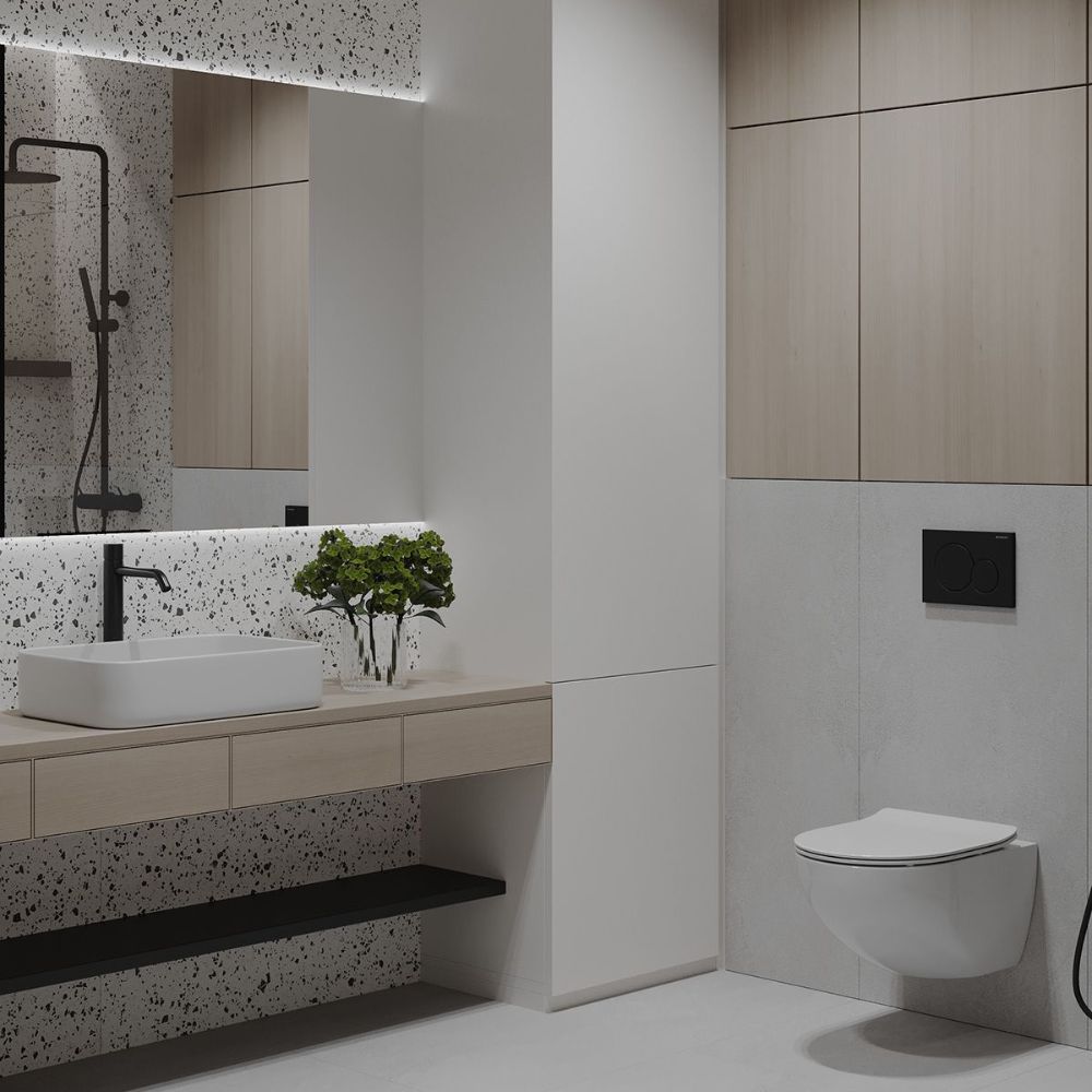 Bồn cầu treo tường v&agrave; lavabo đặt b&agrave;n l&agrave; điểm nhấn tinh tế cho nh&agrave; vệ sinh phong c&aacute;ch hiện đại