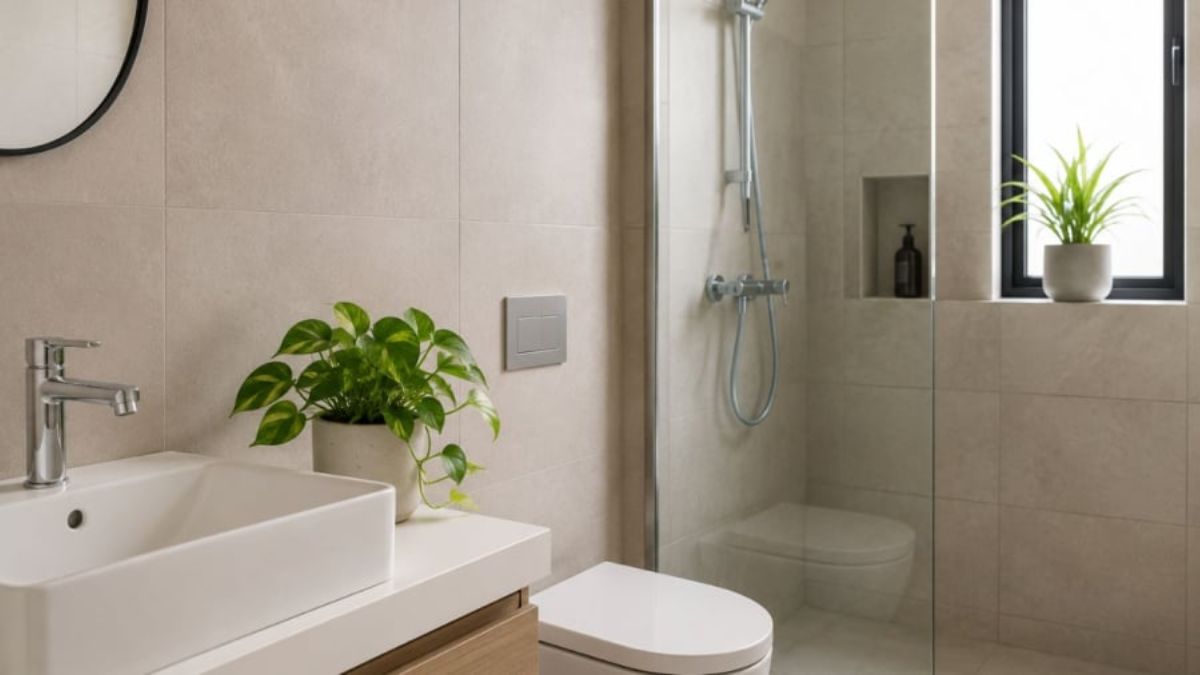 Một v&agrave;i chậu c&acirc;y nhỏ đặt gần lavabo hoặc bệ cửa sổ gi&uacute;p nh&agrave; vệ sinh th&ecirc;m mềm mại, đầy sức sống