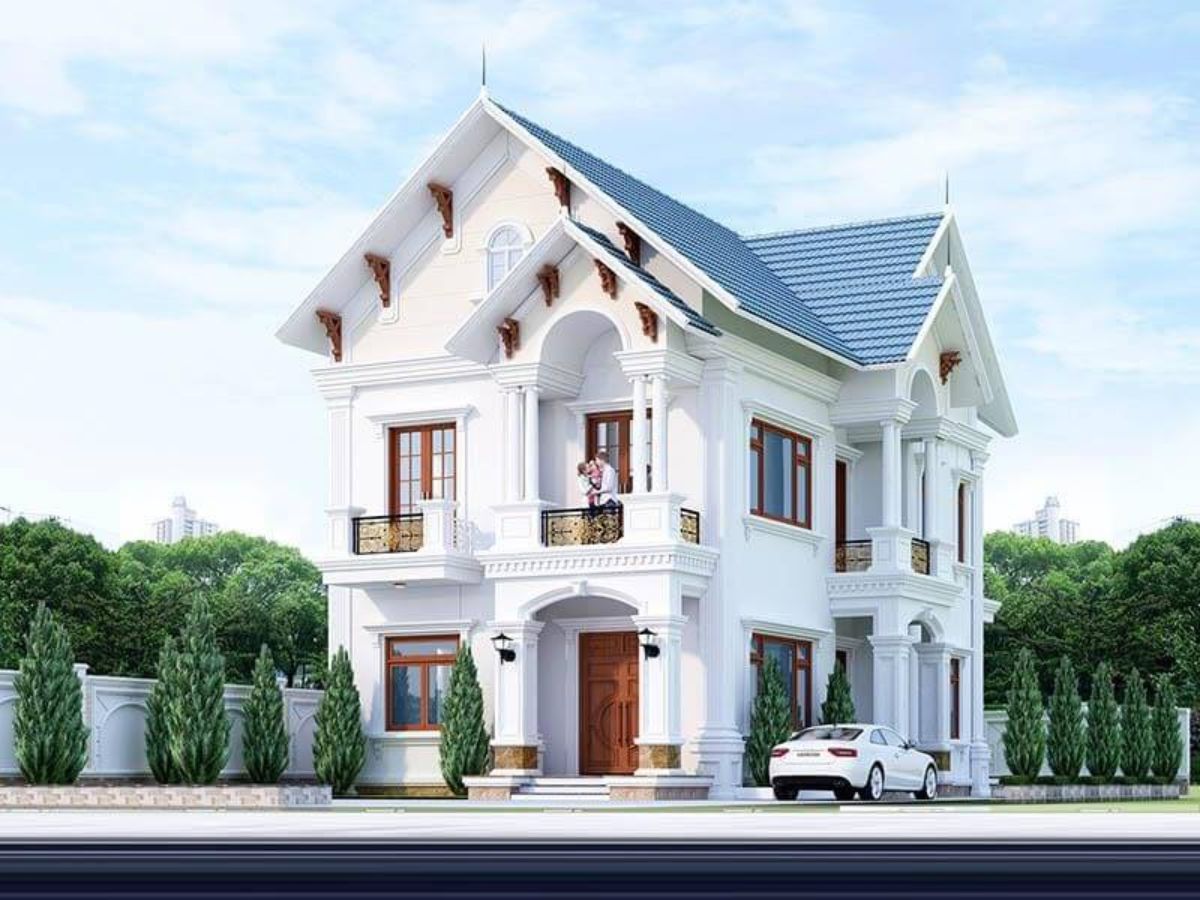 Biệt thự 2 tầng m&aacute;i Th&aacute;i sang trọng với gam m&agrave;u trắng chủ đạo
