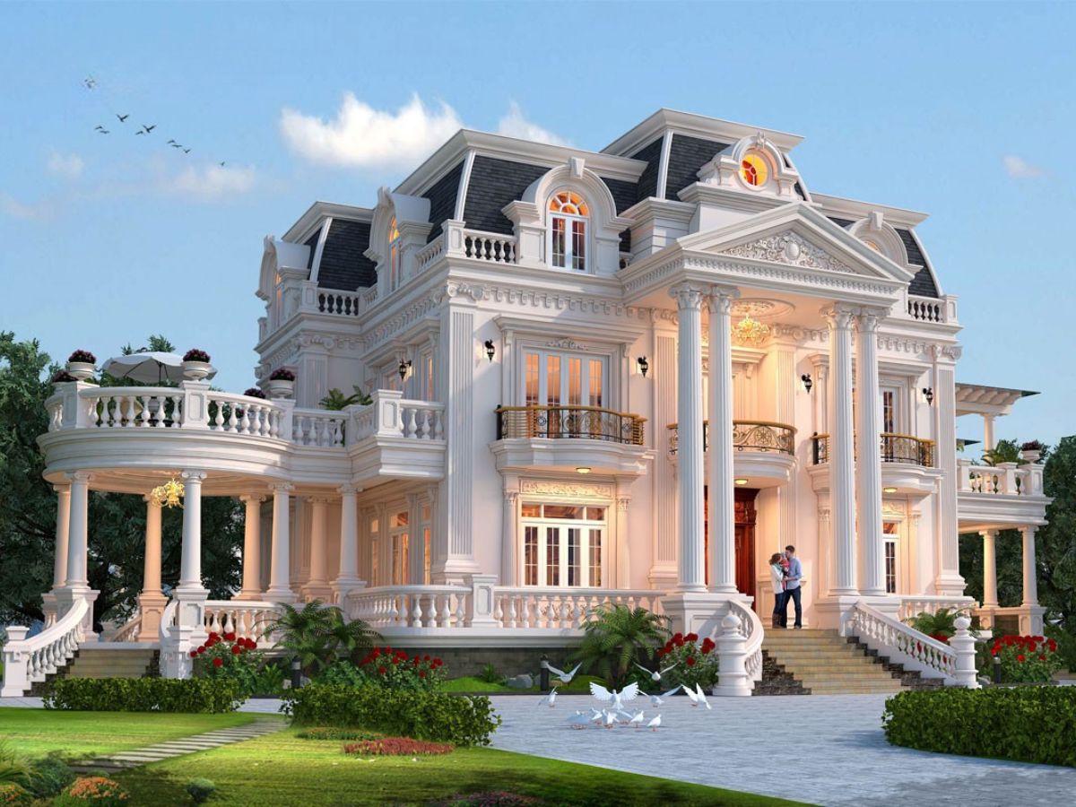 Căn biệt thự 2 tầng m&aacute;i Mansard sang trọng với chi tiết cột trụ lớn, ph&agrave;o chỉ