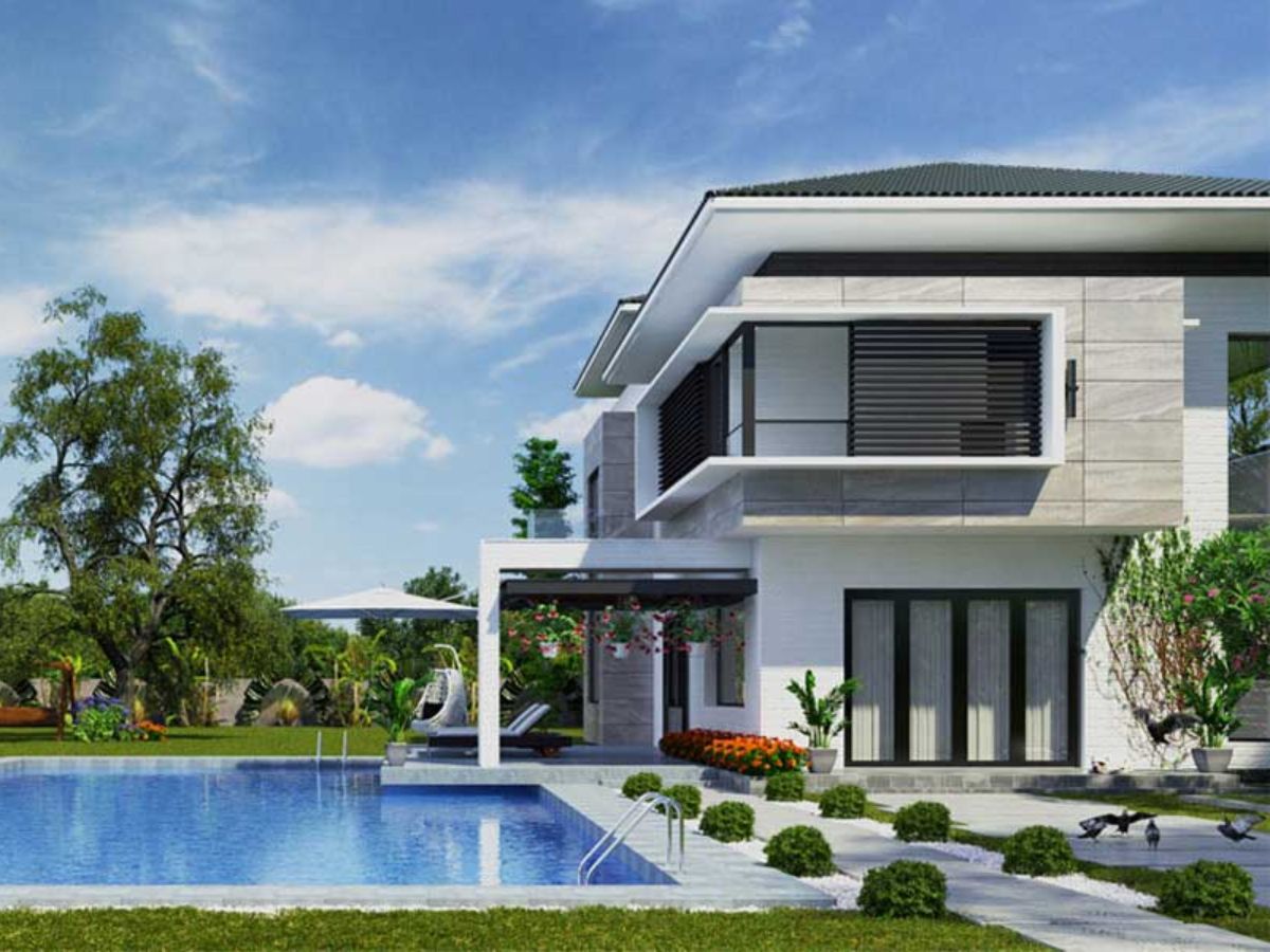 Bố tr&iacute; c&acirc;y xanh, ghế thư gi&atilde;n xung quanh hồ bơi của biệt thự 2 tầng