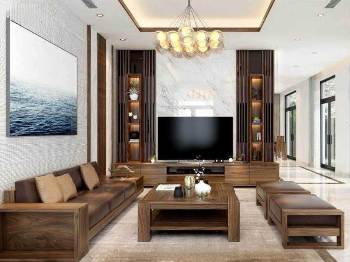 Lam gỗ ph&ograve;ng kh&aacute;ch l&agrave;m kệ decor đẹp mắt kết hợp v&aacute;ch tivi v&agrave; đ&aacute; v&acirc;n m&acirc;y sang trọng