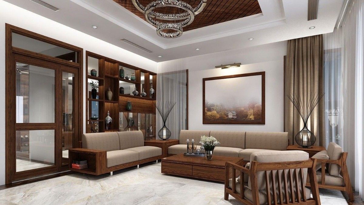 Những khoảng hở của thanh lam gỗ l&agrave;m kệ trang tr&iacute; gi&uacute;p kh&ocirc;ng gian ph&ograve;ng kh&aacute;ch nhẹ nh&agrave;ng, thanh lịch hơn