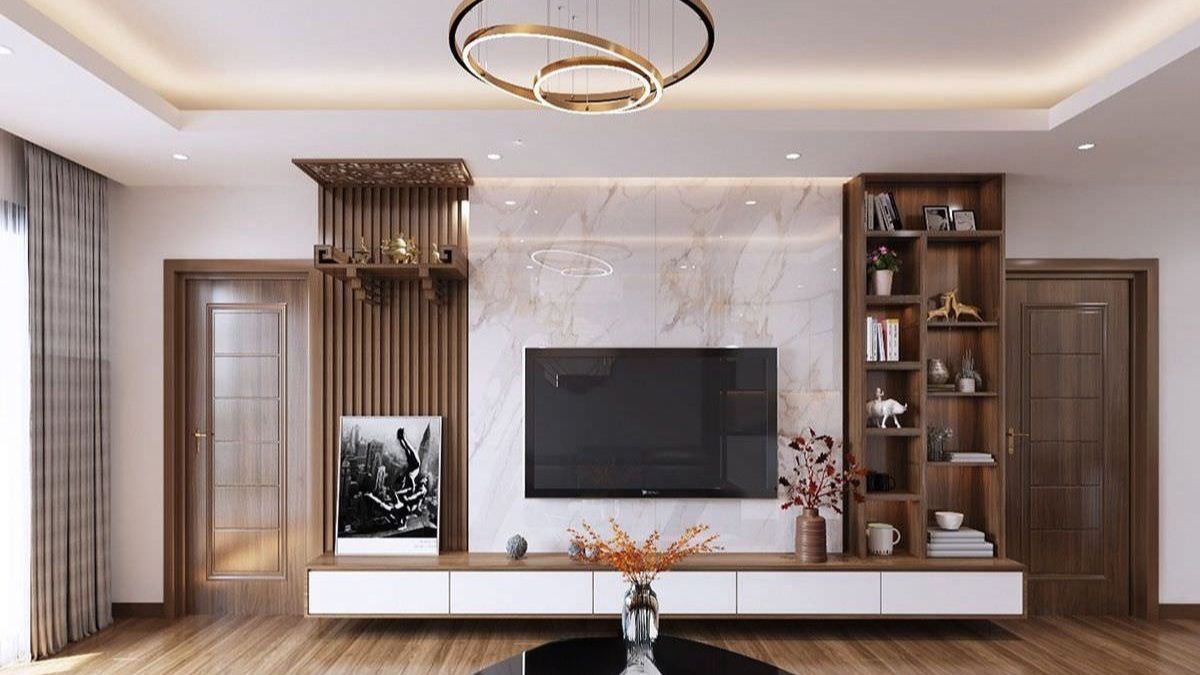 Sử dụng lam gỗ để tạo điểm nhấn thẩm mỹ, trang trọng cho b&agrave;n thờ ở ph&ograve;ng kh&aacute;ch