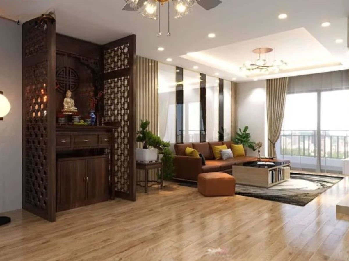 Lam gỗ ph&ograve;ng kh&aacute;ch gi&uacute;p ph&acirc;n chia kh&eacute;o l&eacute;o khu vực thờ c&uacute;ng v&agrave; ph&ograve;ng kh&aacute;ch