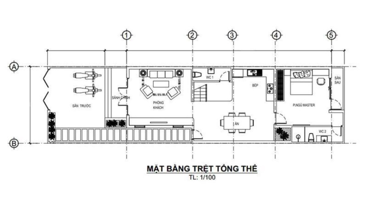 Bản vẽ mặt bằng bố tr&iacute; mẫu nh&agrave; ống 1 tầng đầy đủ tiện nghi