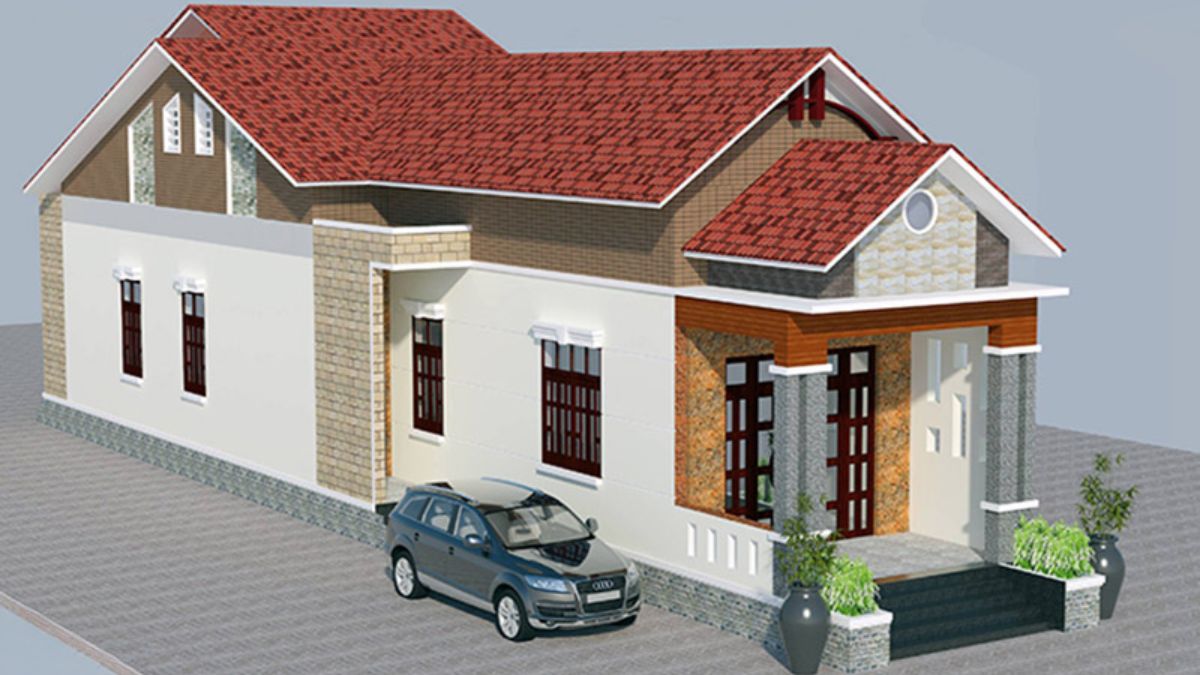 Bố tr&iacute; khoảng s&acirc;n rộng v&agrave; khu để xe cho nh&agrave; ống 1 tầng 5x20m