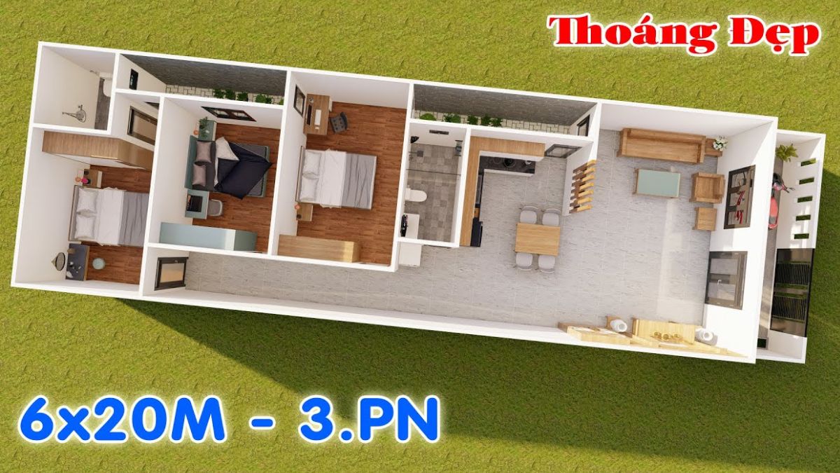 Bản vẽ c&aacute;ch bố tr&iacute; c&aacute;c ph&ograve;ng chức năng cho nh&agrave; ống 1 tầng 6x20m